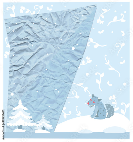 blue background crumpled paper for kids wolf, winter forest scrapbooking