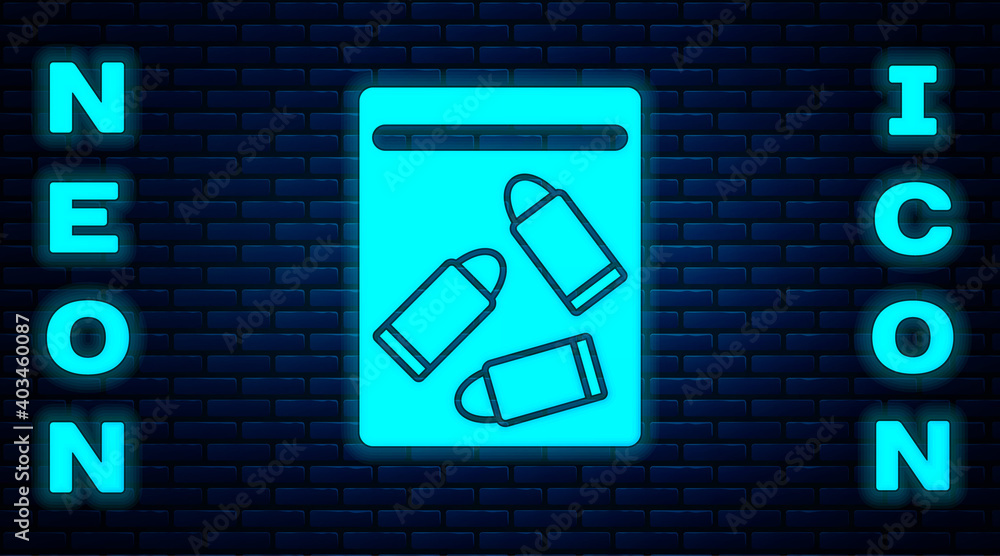Glowing neon Evidence bag and bullet icon isolated on brick wall background. Vector. Glowing neon Evidence bag and bullet icon isolated on brick wall background. Vector.