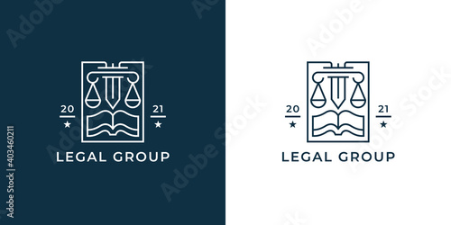 Law firm logo. Legal group sign. Concept weight scales, book and pillar sword line icon. Lawyer attorney symbol. Vector illustration.