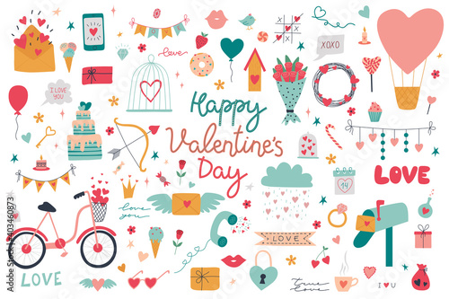 Collection of St. Valentine's Day design elements isolated on white background. Heart, bow, balloon, letter, lollipop, bouquet, love, candles, diamonds. Valentines vector set in flat cartoon style.