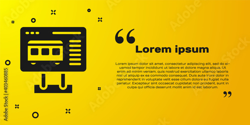 Black Ticket office to buy tickets for train or plane icon isolated on yellow background. Buying tickets. Ticket service. Vector.