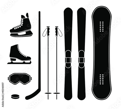 Vector set bundle of black flat winter sport equipment isolated on white background