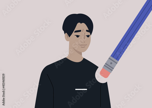 The young male Asian character being erased by modern cancel culture, online social norms, the process of forgetting the ex-partner
