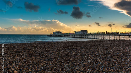 A view out to sea at Worthing, Sussex, UK at sunset
