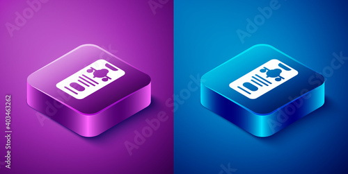 Isometric Smartphone with electronic boarding pass airline ticket icon isolated on blue and purple background. Passenger plane mobile ticket for web and app. Square button. Vector.