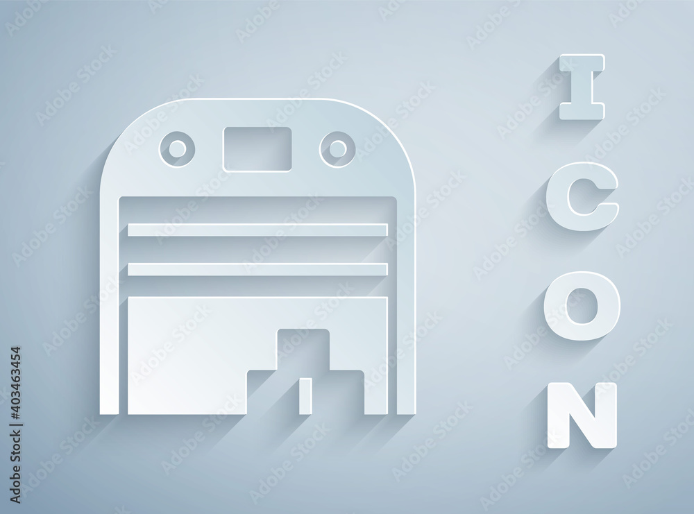 Paper cut Aircraft hangar icon isolated on grey background. Paper art style. Vector. Paper cut Aircraft hangar icon isolated on grey background. Paper art style. Vector.