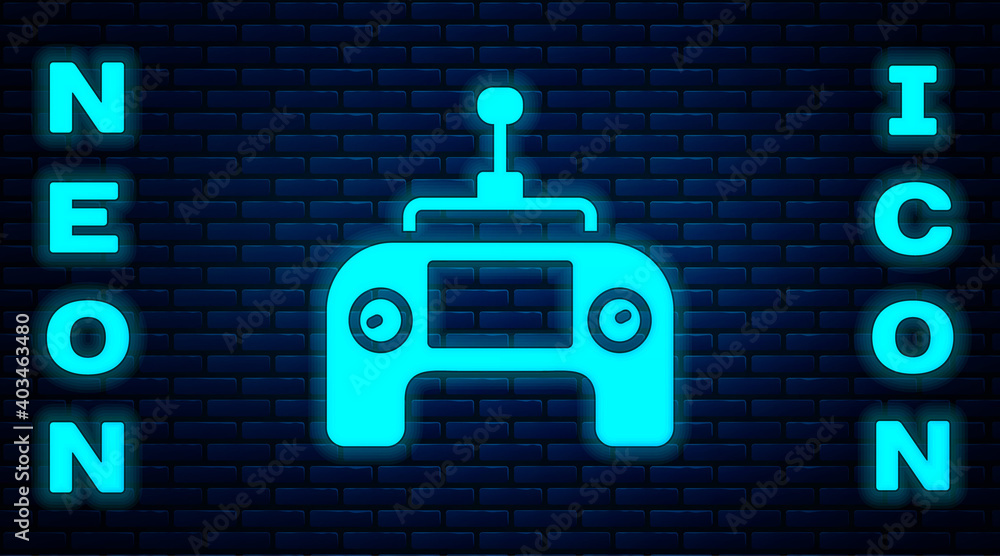 Glowing neon Drone radio remote control transmitter icon isolated on brick wall background. Vector. Glowing neon Drone radio remote control transmitter icon isolated on brick wall background. Vector.