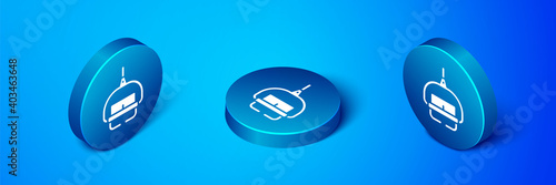 Isometric Ski lift icon isolated on blue background. Blue circle button. Vector.