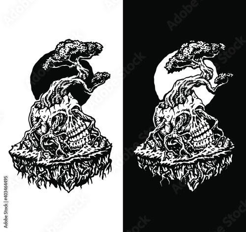 Bonsai growing from a human skull, isolated on dark and bright background