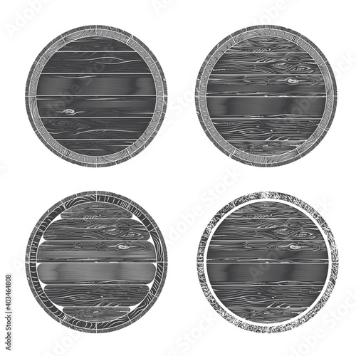 top of an old wooden barrel. four types of stamps