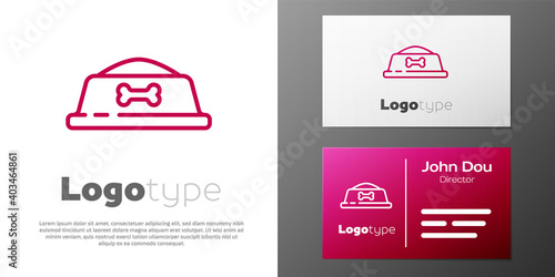 Logotype line Pet food bowl for cat or dog icon isolated on white background. Dog bone sign. Logo design template element. Vector.