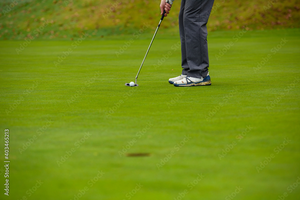 Obraz premium Close-up of a golf player who with a putt pocket the ball on the green