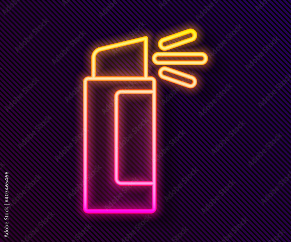 Glowing neon line Pepper spray icon isolated on black background. OC gas. Capsicum self defense aerosol. Vector.