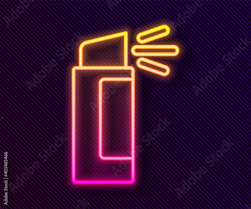 Glowing neon line Pepper spray icon isolated on black background. OC gas. Capsicum self defense aerosol. Vector.