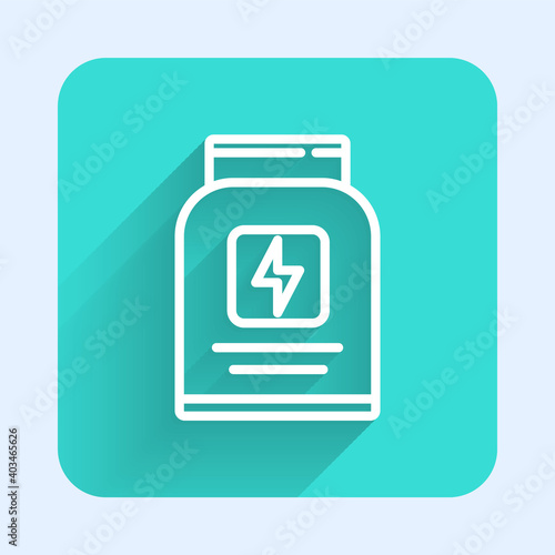 White line Sports nutrition bodybuilding proteine power drink and food icon isolated with long shadow. Green square button. Vector.