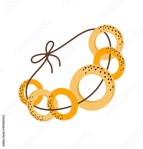 A bunch of bagels on a rope icon in flat isolated on a white background. Russian traditional bakery food. Symbol of the holiday Shrovetide or Maslenitsa. Vector icon.
