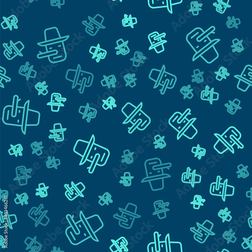 Green line Pinocchio icon isolated seamless pattern on blue background. Vector.