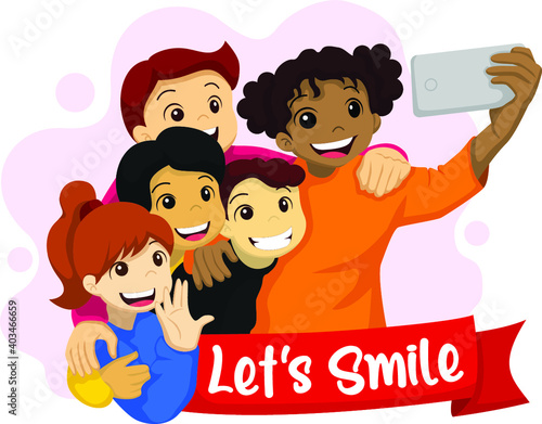Lets smile. illustration of world smile day. happy children taking a selfie.