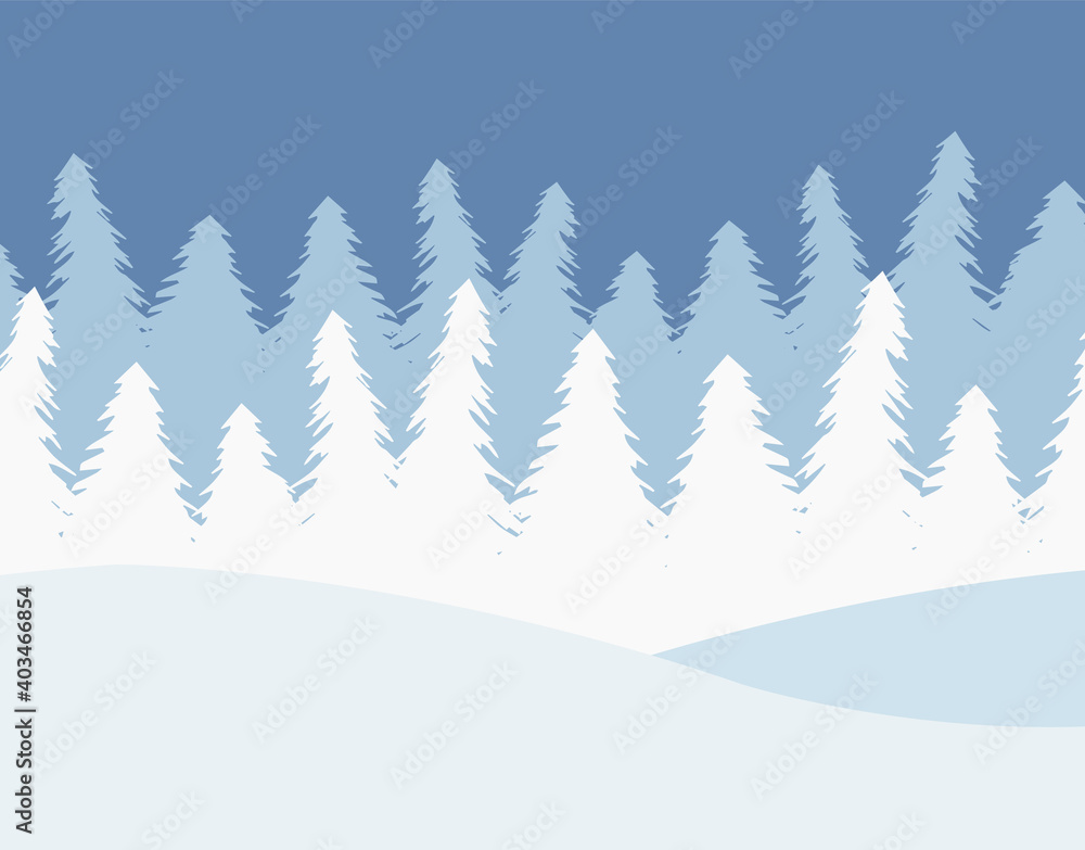 Fototapeta premium Vector flat cartoon winter landscape with spruce trees forest isolated on blue background