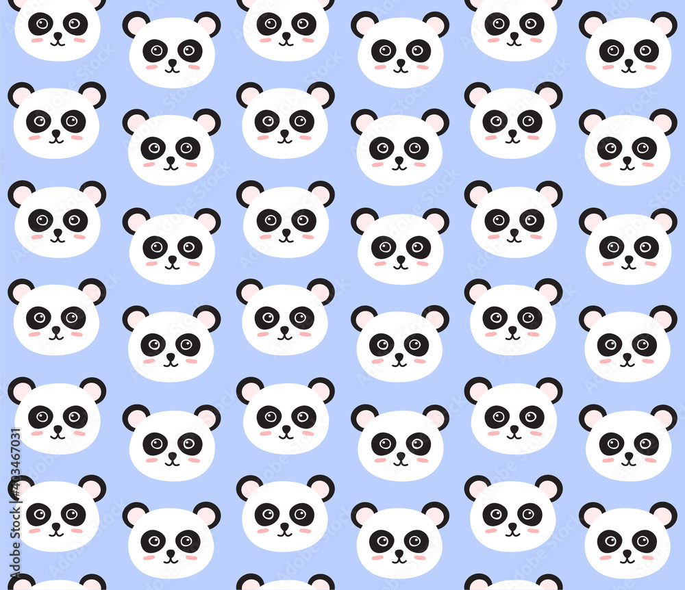 Obraz premium Vector seamless pattern of flat cartoon hand drawn doodle panda face isolated on blue background