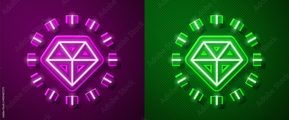Glowing neon line Diamond icon isolated on purple and green background. Jewelry symbol. Gem stone. Vector. Glowing neon line Diamond icon isolated on purple and green background. Jewelry symbol. Gem stone. Vector.