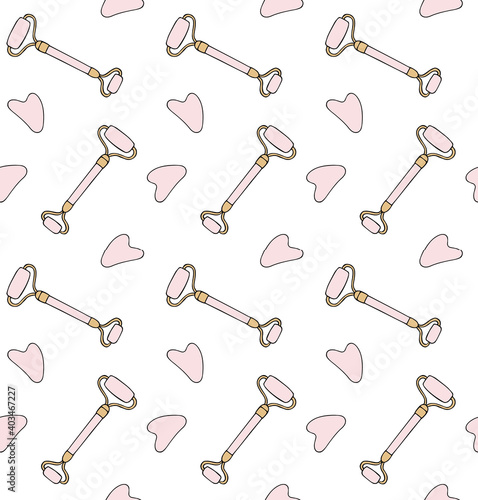 Vector seamless pattern of hand drawn doodle sketch pink rose gua sha face massage roller isolated on white background