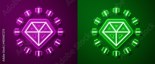 Glowing neon line Diamond icon isolated on purple and green background. Jewelry symbol. Gem stone. Vector.