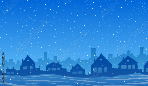 Vector winter abstract illustration. Cartoon town in snow.