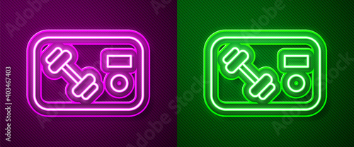 Glowing neon line Fitness club, gym card icon isolated on purple and green background. Vector.