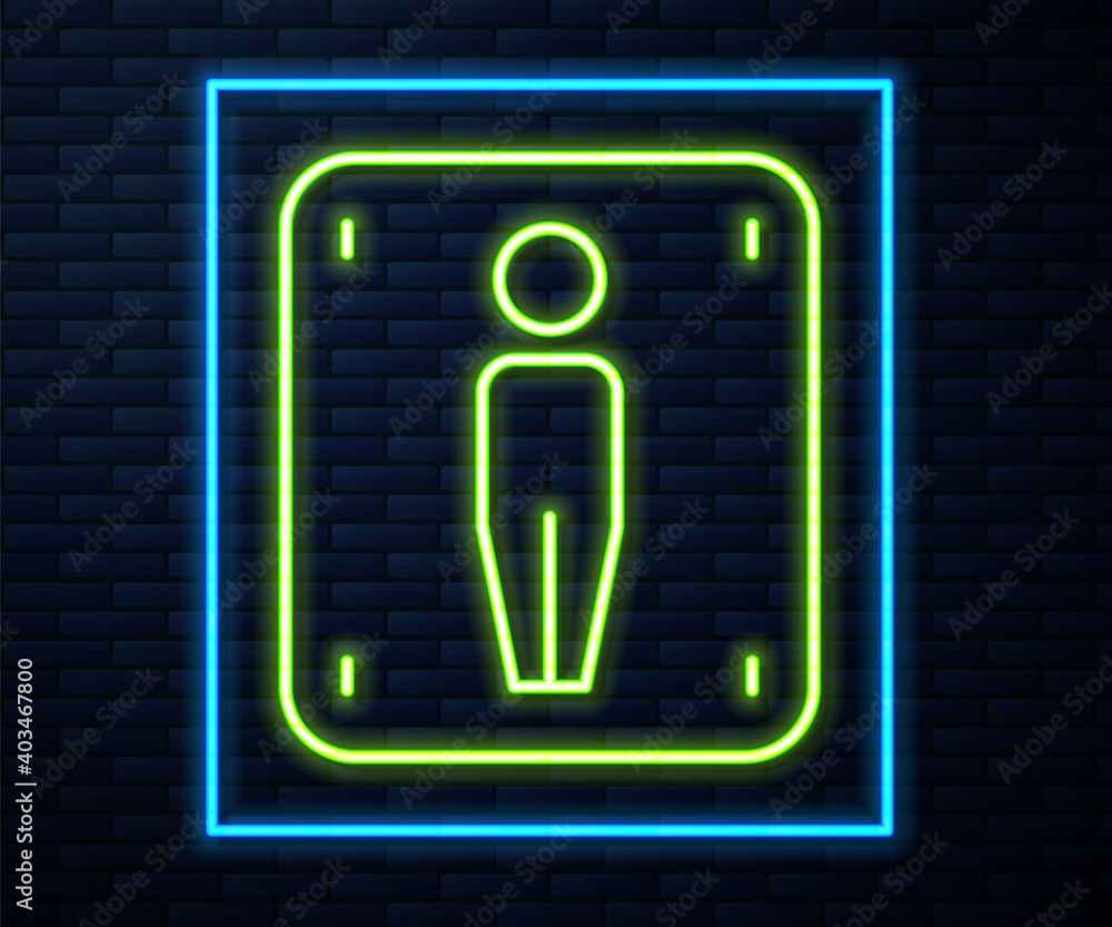 Glowing neon line Male toilet icon isolated on brick wall background. WC sign. Washroom. Vector. Glowing neon line Male toilet icon isolated on brick wall background. WC sign. Washroom. Vector.