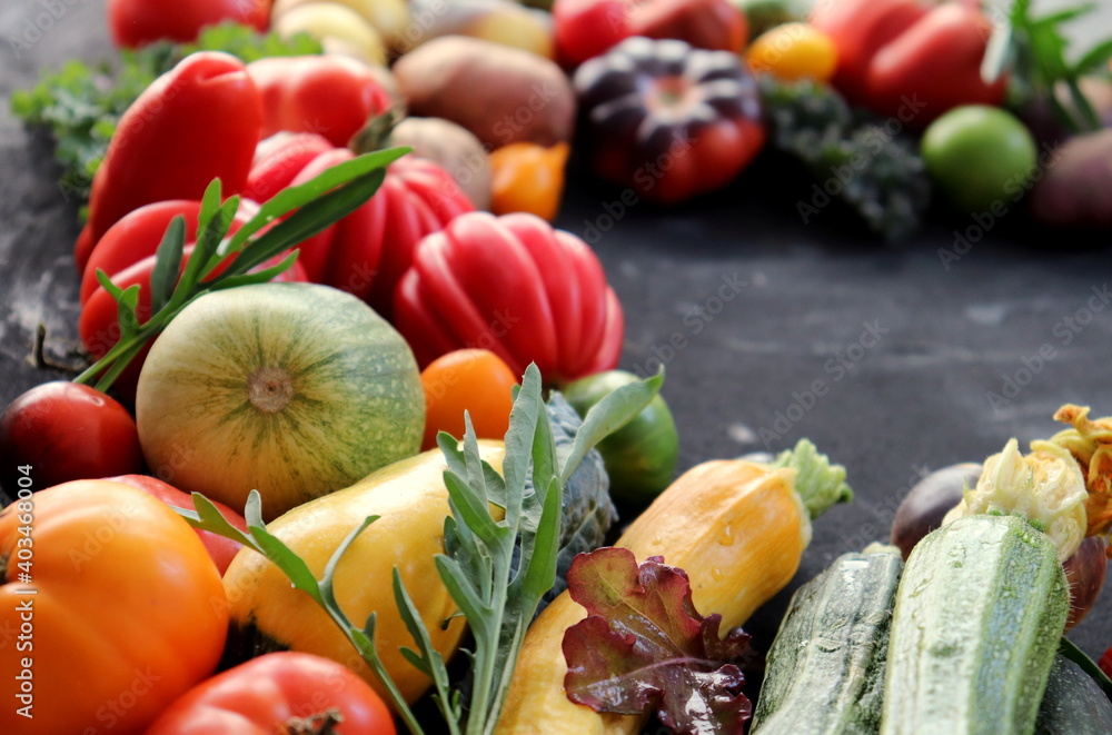 Fresh farm assorted vegetables close up selective focus.