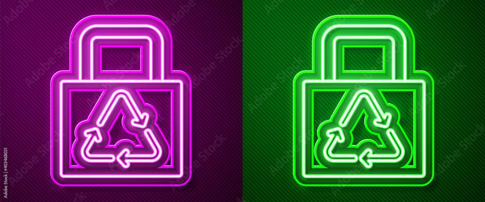 Glowing neon line Paper shopping bag with recycle icon isolated on purple and green background. Bag with recycling symbol. Vector. Glowing neon line Paper shopping bag with recycle icon isolated on purple and green background. Bag with recycling symbol. Vector.