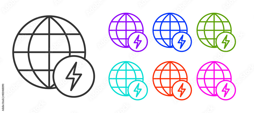 Black line Global energy power planet with flash thunderbolt icon isolated on white background. Ecology concept and environmental. Set icons colorful. Vector. Black line Global energy power planet with flash thunderbolt icon isolated on white background. Ecology concept and environmental. Set icons colorful. Vector.
