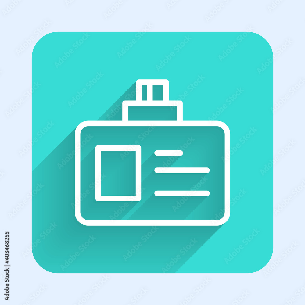 White line Identification badge icon isolated with long shadow. It can be used for presentation, identity of the company, advertising. Green square button. Vector. White line Identification badge icon isolated with long shadow. It can be used for presentation, identity of the company, advertising. Green square button. Vector.