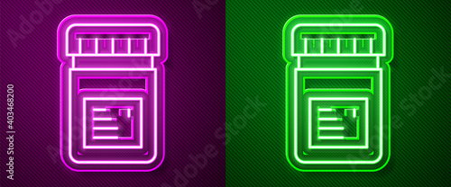 Glowing neon line Biologically active additives icon isolated on purple and green background. Vector.