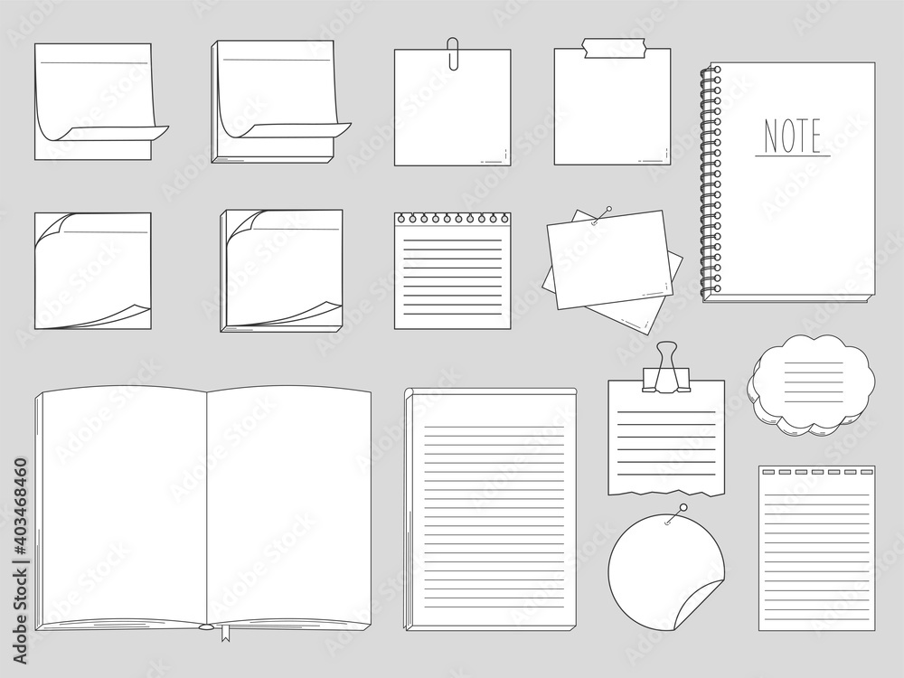 Collection of papers for memo - notepads, stickers, notebooks isolated on white background. Vector illustration Collection of papers for memo - notepads, stickers, notebooks isolated on white background. Vector illustration