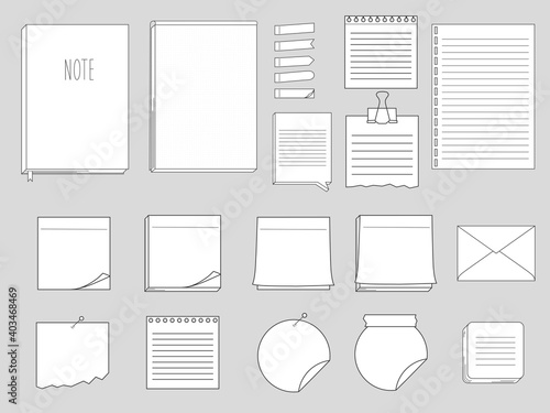 Collection of papers for memo - notepads, stickers, notebooks isolated on white background. Vector illustration