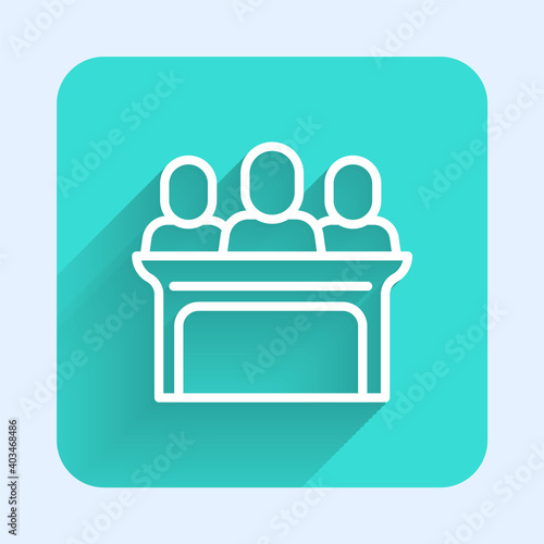 White line Jurors icon isolated with long shadow. Green square button. Vector.