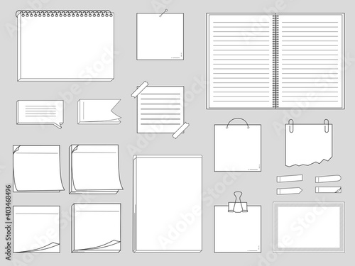 Collection of papers for memo - notepads, stickers, notebooks isolated on white background. Vector illustration