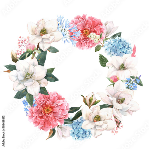 Fototapeta Naklejka Na Ścianę i Meble -  Beautiful stock illustration with gentle hand drawn watercolor floral composition. Magnolia and hydrangea flowers.