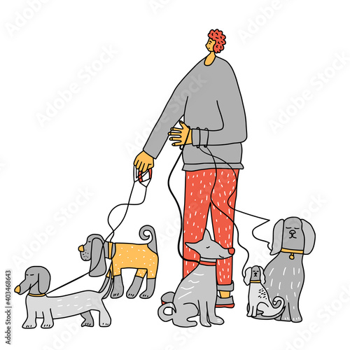 Dog walking. Human person with dogs. Vector design.