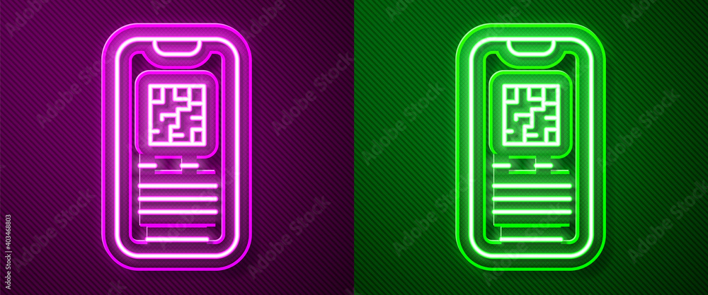 Glowing neon line Online ticket booking and buying app interface icon isolated on purple and green background. E-tickets ordering. Electronic train ticket on screen. Vector. Glowing neon line Online ticket booking and buying app interface icon isolated on purple and green background. E-tickets ordering. Electronic train ticket on screen. Vector.
