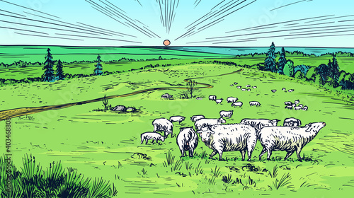 Rural meadow. A village landscape with sheep, hills and a farm. Sunny scenic country view. Hand drawn engraved sketch. Vintage rustic banner for wooden sign or badge or label.