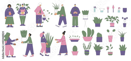 Plant lover. Man with indor flower pot. Vector