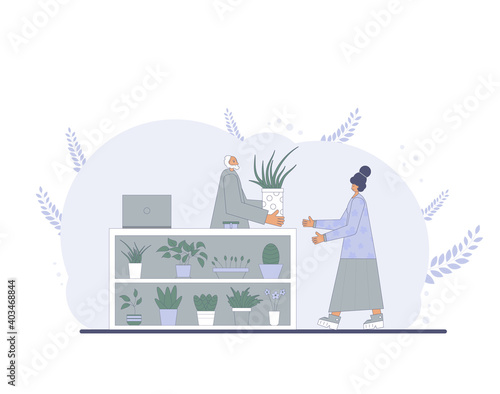 Plant shop. Man and woman with indoor flower pot. Vector