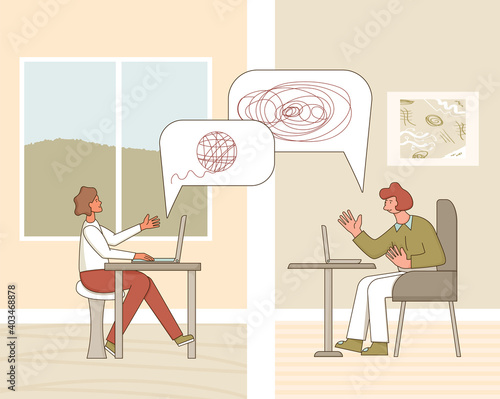 Online stress therapy scene. Color vector flat.