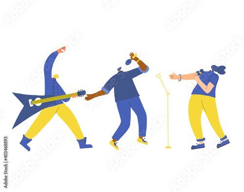 Music band performs on a stage. Vector design.