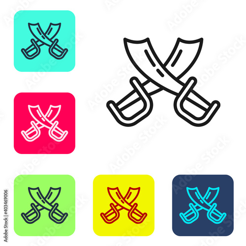 Black line Crossed pirate swords icon isolated on white background. Sabre sign. Set icons in color square buttons. Vector.