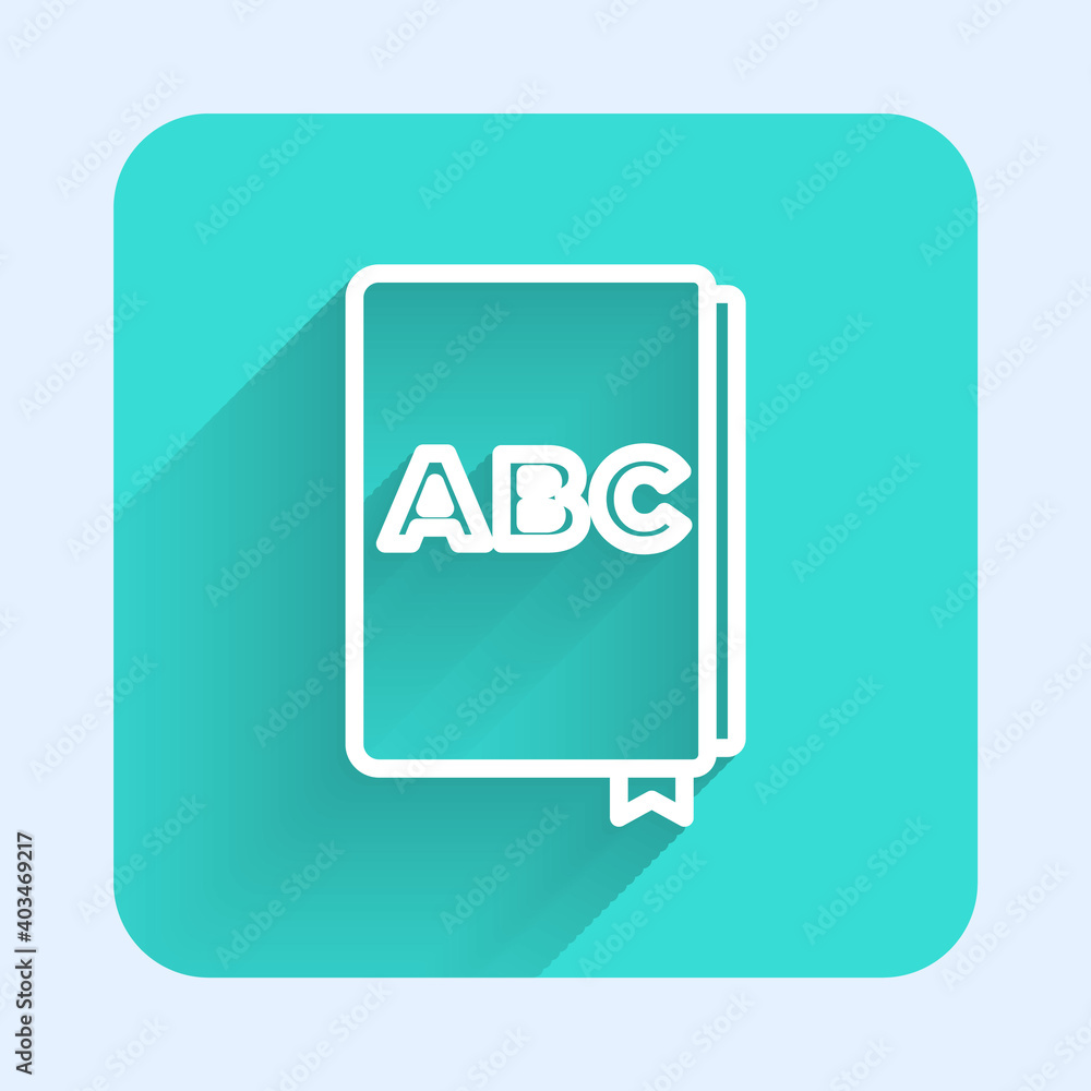 White line ABC book icon isolated with long shadow. Dictionary book sign. Alphabet book icon. Green square button. Vector. White line ABC book icon isolated with long shadow. Dictionary book sign. Alphabet book icon. Green square button. Vector.