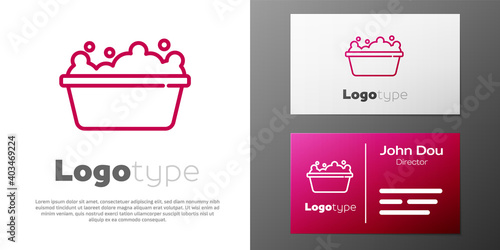 Logotype line Baby bathtub with foam bubbles inside icon isolated on white background. Logo design template element. Vector.
